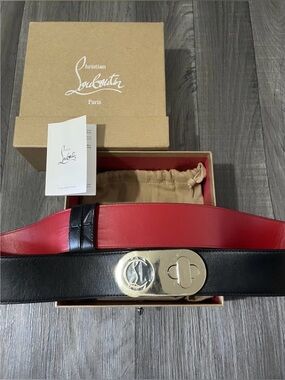 Christian Louboutin Red and Black Elisa Leather Belt with Gold Buckle